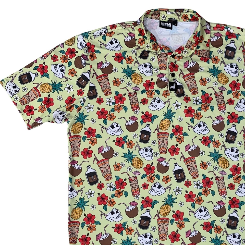Lofty Llama‎ Men's Large Tiki Trouble Golf Polo Skull Pineapple Hawaiian Shirt